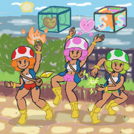 3girls artist:runebrave bag boots colored fire heart lightning paper_mario paper_mario_the_thousand-year_door personification recovery_block save_block simple_background super_mario toad travelling_sisters_three // 1080x1080 // 505KB