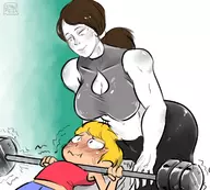 1boy 1girl artist:cephalophilia blonde_hair brown_hair cropped crossover dumbbell exercise lucas midriff mother_(series) mother_3 nintendo ponytail short_hair super_smash_bros super_smash_bros._ultimate sweat wii_fit wii_fit_trainer workout // 1192x1074 // 336KB