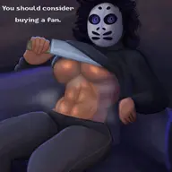 1girl abs artist:ahoeforcoffee breasts colored dialogue hellen hockey_mask huge_breasts knife look_outside looking_at_viewer mask pants presenting sitting sofa steam text text_dialogue underboob weapon // 2000x2000 // 174KB