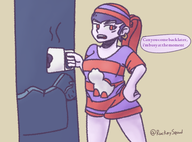 1girl artist:ruckeysquad bandana coffee cup earrings purple_hair red_eyes risky_boots shantae_(series) speech_bubble text wayforward // 1963x1449 // 1.4MB