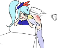 1girl ass blue_hair colored hyrule_warriors lana nintendo paddle purple_eyes spanking the_legend_of_zelda // 1220x1023 // 357KB