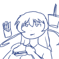 1girl artist:lunaticsoda burger doodle drink eating food french_fries igawa_asagi taimanin taimanin_asagi // 1000x1000 // 25KB