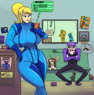 1boy 1girl artist:scorndude car_wash colored metroid samus_aran super_mario waluigi zero_suit_samus // 1348x1355 // 1.3MB