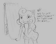 1girl artist:unknown claude_plays_pokemon jigglypuff looking_at_viewer monochrome pokemon sketch text // 849x676 // 191KB