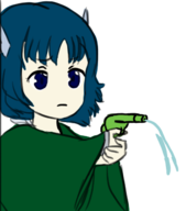 1girl blue_eyes blue_hair colored gun parody short_hair touhou wakasagihime water water_gun weapon // 566x644 // 124KB