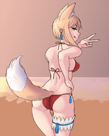 1girl artist:dracksart ass bikini colored fire_emblem fire_emblem_fates kitsune lineart peace_sign selkie third-party_coloring // 884x1100 // 531KB