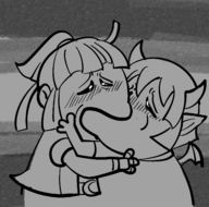 2girls arle_nadja artist:unknown draco_centauros kissing monochrome parody puyo_puyo // 1620x1599 // 1.1MB