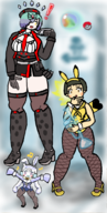3girls artist:runebrave ayane_matsunaga blush boots bunny_suit colored cookie_run cosplay crossover fire_emblem fire_emblem_heroes fishnet_stockings heels high_heel_boots high_heels kvasir milky_way_cookie nikke orb persona_(series) pikachu pokeball pokemon rapi simple_background smartphone smile surprised trumpet // 1087x2162 // 2.1MB