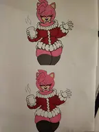 1girl amy_rose artist:unknown breasts christmas_clothes christmas_sweater colored eyes_closed holding_object medium_breasts sonic_(series) thick_thighs thigh_highs traditional_medium wide_hips // 3000x4000 // 3.4MB