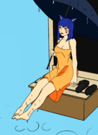 1girl artist:unknown cat_girl colored colorist:miqotefag final_fantasy miqo'te rain sitting towel umbrella // 1500x2063 // 482KB