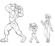 1boy 2girls air-strip_angel artist:unknown bikini breasts buff cleavage hat huge_breasts jean_shorts jorts loli looking_at_viewer medium_breasts monochrome muscles oppai_loli pose shorts sketch smile smiling swole // 742x614 // 138KB