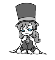 1girl a_hat_in_time artist:unknown blue_eyes greyscale hat hat_kid kneeling loli looking_at_viewer sitting // 446x484 // 11KB