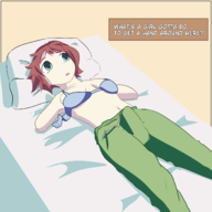 1girl bed boner bra colored futanari green_eyes katawa_shoujo laying_down pillow red_hair rin_tezuka short_hair text // 1500x1500 // 395KB