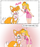 1boy 1girl 2koma artist:unknown colored comic hand_on_crotch imminent_sex innuendo kiss lipstick lipstick_mark miles_tails_prower nintendo princess_peach sega sonic_(series) super_mario text worried // 2000x2339 // 1.1MB