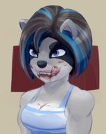 1girl alternate_color ami_bandicoot artist:critatonic blood breasts cleavage colored crash_bandicoot_(series) fangs licking_lips medium_breasts muscles tongue // 979x1231 // 820KB