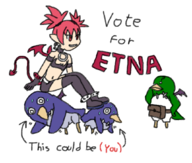 1girl artist:unknown disgaea etna prinny queen_of_v_2025 sitting sitting_on_someone text // 1059x898 // 441KB