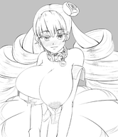 1girl arcana_heart arcana_heart_3 artist:axem blush breasts collar dress drill_hair flower hair_ornament heart_pupils huge_breasts lactation lineart nipples petra_johanna_lagerkvist text // 1300x1500 // 610KB