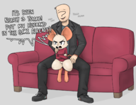 1boy 1girl angry anthro artist:unknown beard breasts buck_teeth colored couch crossed_arms furry medium_breasts mina mina_the_hollower mouse mouse_girl open_mouth sitting sitting_on_lap sofa text // 2300x1769 // 1.6MB