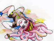 1girl blue_eyes colored hat laying_down painted_nails paruko red_eyes splatoon thigh_highs traditional_medium // 833x635 // 696KB