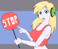 1girl artist:wamudraws blonde_hair blue_eyes cave_story colored curly_brace long_hair robot robot_girl sign stop_sign text // 900x758 // 227KB