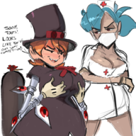 artist:justdavefnd breast_envy breast_expansion cleavage colored huge_breasts inflation parody peacock skullgirls text valentine // 1000x1000 // 853KB