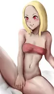 1girl blonde_hair bottomless colored covering dark_skin gravity_rush kat long_hair naked_ribbon nude red_eyes smile // 1263x2187 // 1.2MB