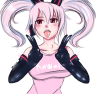 1girl artist:katsunei colored elbow_gloves eloen gloves peace_sign pink_hair red_eyes sharp_teeth text tongue xenon_valkyrie // 2601x2550 // 3.7MB