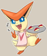 1girl apron artist:heshieokf colored eyelashes fangs holding_object looking_at_viewer open_mouth plate pokemon pussy smile smiling victini // 1357x1600 // 851KB