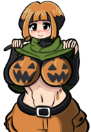 1girl artist:desgardes body_paint colored edit gardenia halloween_2022_collaboration huge_breasts pokemon pokemon_dppt pumpkin shirt_lift // 2349x3404 // 1.1MB