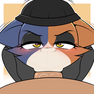 1boy 1girl artist:kloudmutt blush colored fellatio fortnite furry hat heart_pupils meow_skulls yellow_eyes // 1500x1500 // 546KB