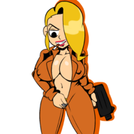 1girl artist:iggy_bomb black_eyes blonde_hair cigarette cleavage colored enter_the_gungeon gun huge_breasts lipstick pubic_hair short_hair smoking the_convict undressing weapon // 2000x2000 // 483KB