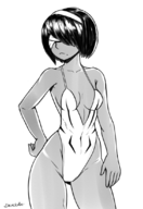 1girl 2p artist:dracksart beauty_mark blindfold headband nier_automata one-piece_swimsuit short_hair swimsuit // 754x1100 // 386KB