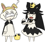 1boy 1girl 2019_easter_collab animal_ears artist:paper bandages black_hair blind_prince blindfold bunny_ears cape collab colored crown dress easter easter_collab easter_egg egg eyes_closed happy liar_princess long_hair sharp_teeth the_liar_princess_and_the_blind_prince // 1690x1576 // 746KB
