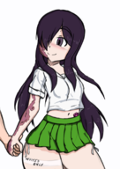 1girl artist:nininho colored condom hanako_ikezawa hand_holding katawa_shoujo long_hair purple_eyes purple_hair school_uniform skirt text uniform // 1250x1768 // 1.1MB