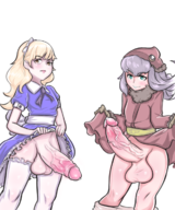 2girls alice artist:cagezed blonde_hair colored cum dress futanari gloves green_eyes huge_penis huge_testicles lipstick long_hair moh_shuvuu penis purple_hair shin_megami_tensei smt testicles thigh_highs yellow_eyes // 1000x1200 // 906KB