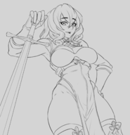 1girl artist:novam bloodstained breasts huge_breasts miriam monochrome sketch sword // 1504x1562 // 693KB