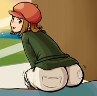 1girl artist:jadf ass ass_shake background brown_eyes brown_hair colored dat_ass hat huge_ass layton_brothers_mystery_room lucy_baker professor_layton short_hair sitting tongue_out // 870x860 // 266KB