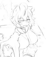 1girl animal_ears artist:unknown blush breasts eliminator_kaede-san fang fox_ears handholding huge_breasts kaede_kuratsuki looking_at_viewer monochrome sketch smile smiling // 1062x1303 // 306KB