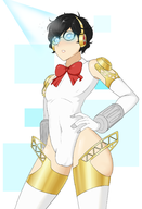 1boy aigis artist:sealguy black_hair blue_eyes bow bulge colored fusion glasses joker persona persona_(series) persona_3 persona_5 shin_megami_tensei short_hair // 1253x1838 // 715KB