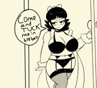 1girl alternate_breast_size artist:iggy_bomb bow bra garterbelt lingerie monochrome olivia_mann panties smile speech_bubble team_fortress_2 text wide_hips // 1776x1620 // 437KB