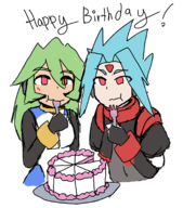 1boy 1girl artist:mellie birthday blue_hair bracelet cake colored eating food fork green_hair happy_birthday mega_man_(series) mega_man_zx pandora prometheus red_eyes text // 1546x1760 // 758KB