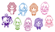 9girls artist:karmacolorcat captain_syrup chibi pauline peachette princess_daisy princess_peach princess_shokora queen_merelda rosalina super_mario wapeach wario_land // 1184x688 // 338KB