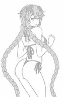 1girl artist:reptileye ass bikini blush braids flower from_behind hair_ornament hyperdimension_neptunia looking_back monochrome neptune purple_heart // 780x1200 // 333KB
