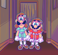 2boys artist:lemuz blue_eyes bow brown_hair colored crossdressing gloves long_hair luigi mario mustache parody super_mario // 700x665 // 459KB