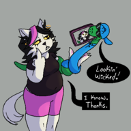 1boy 1girl anthro artist:painto belly breasts cat cat_girl Catti colored deltarune fat flipping_off furry hand_gesture jockington medium_breasts middle_finger phone photo shades snake text yellow_sclera // 952x952 // 40KB