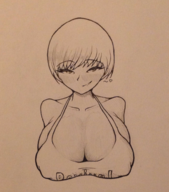 1girl artist:shamiranon chie_satonaka cleavage heart huge_breasts persona persona_(series) persona_4 smug traditional_medium // 863x982 // 934KB