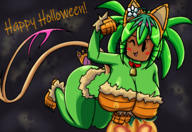 1girl all_fours artist:sanitysedge blaster_master blaster_master_zero blush breasts cleavage colored costume halloween halloween_themed huge_breasts kanna skintight skintight_suit smile smiling text wink // 3348x2301 // 2.0MB
