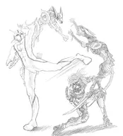 blade_wolf casshern crossover fight friender metal_gear_rising_revengeance metal_gear_solid monochrome neo-human_casshern raiden_(mgs) // 634x700 // 154KB