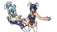 2girls aqua aqua_(konosuba) blue_eyes blue_hair bow bunny_ears bunny_girl bunny_suit carrot colored crossover garterbelt kingdom_hearts kono_subarashii_sekai_ni_shukufuku_wo! leotard long_hair peace_sign thigh_highs tongue // 1153x646 // 322KB