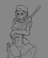 1girl ana ana_amari artist:meloninu blizzard cleavage cosplay gun high-cut_armor overwatch persona persona_3 rifle sniper_rifle solo wide_hips // 675x814 // 168KB